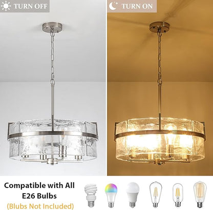 Modern Drum Chandeliers for Dining Room,19.7" Water Ripple Glass Chandelier Over Table Brushed Nickel Crystal Pendant Light Fixtures for Hight Ceiling Living Room Entryway Bedroom Kitchen,E26
