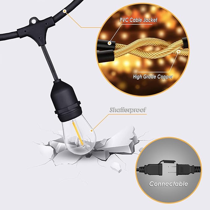 190FT Remote Controlled Outdoor String Lights Patio String Lights for Outside, 60+3 Shatterproof S14 Warm Lights String Outdoor for Bistro Café Gazebo Backyard, Linkable, 2 Pack