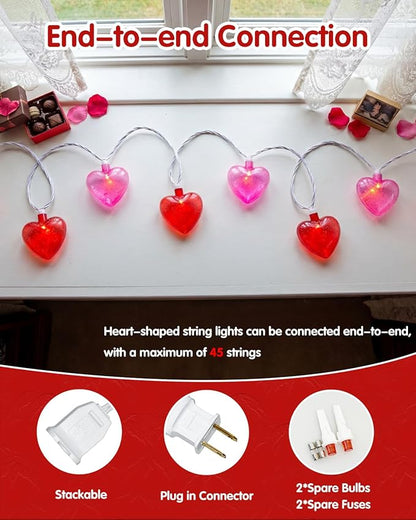 SUNSGNE Heart String Lights, 8.5Ft Valentines Lights with 10 LED Red and Pink Heart Bulbs for Indoor Outdoor Home Room Party Wedding Mother's Day Valentine's Decor