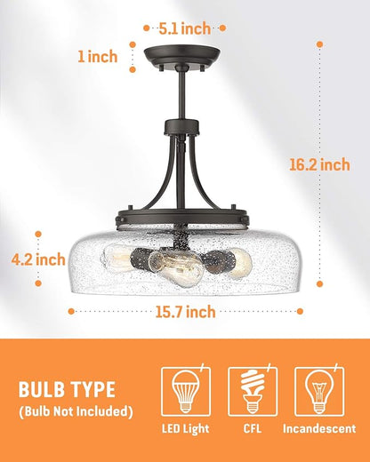 EAPUDUN Farmhouse Semi Flush Mount Ceiling Light Fixture, 3-Light Industrial Pendant Light in Oil Rubbed Bronze Finish with Clear Seeded Glass Shade, SMA1126-ORB