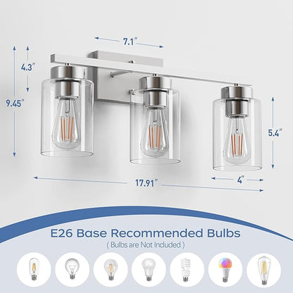 PARTPHONER 3-Light Bathroom Light Fixtures, Brushed Nickel Vanity Light with Clear Glass Shade, Modern Wall Sconce for Mirror Bedroom Living Room Hallway Lighting
