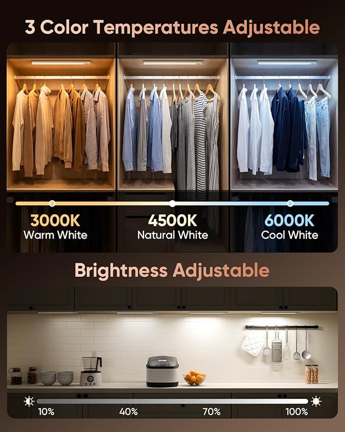 12inch Under Cabinet Lighting, 152LED Motion Sensor Light Indoor, USB Rechargeable Closet Lights, 3 Color Temps, Dimmable, Wireless Under Counter Lights for Kitchen, Stairs, Pantry, 4 Pack