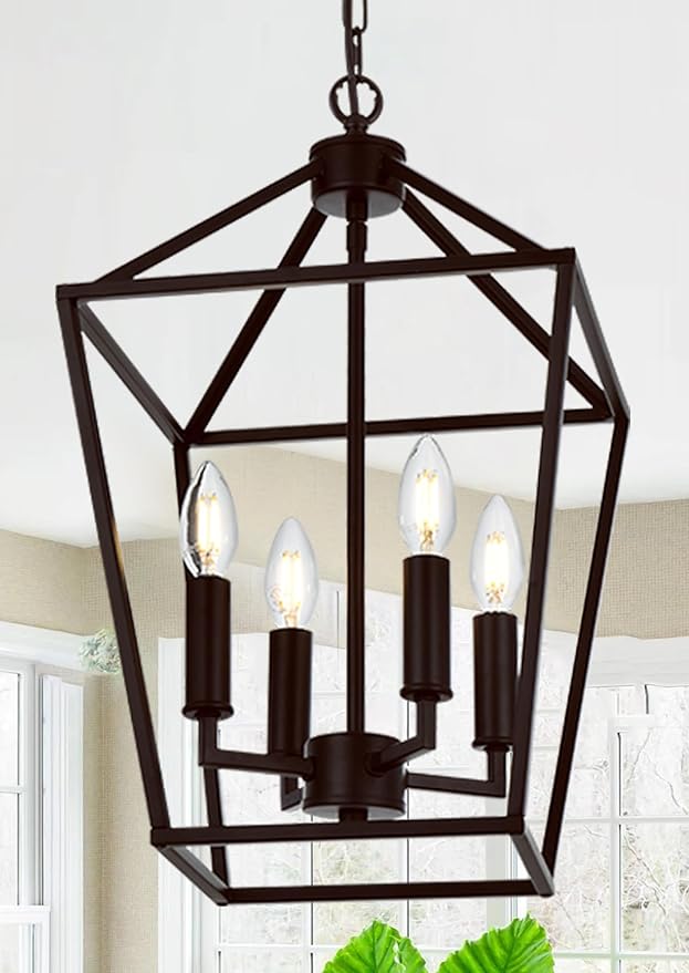 MELUCEE Farmhouse Chandelier in Oil Rubbed Bronze 4 Lights Lantern Pendant Light Vintage Openwork Cage Hanging Light Fixtures Ceiling for Kitchen Island Dining Room Entryway, E12 Base
