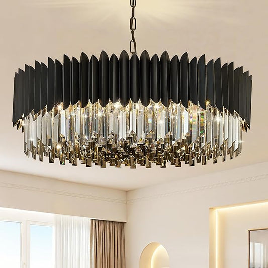 Black Crystal Chandelier 30'' K9 Smoke Gray Crystal Round Pendant Lights 12 Lights 6-Tier Large Modern Chandelier Light for Dining Room Living Room Bedroom Foyer Entryway