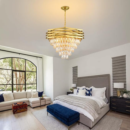 Gold Modern Crystal Chandelier 24" Round Chandeliers for Dining Room K9 5 Tiers Ceiling Pendant Light Fixtures Large Flush Mount Chandelier for Living Room Entryway Foyer Staircase
