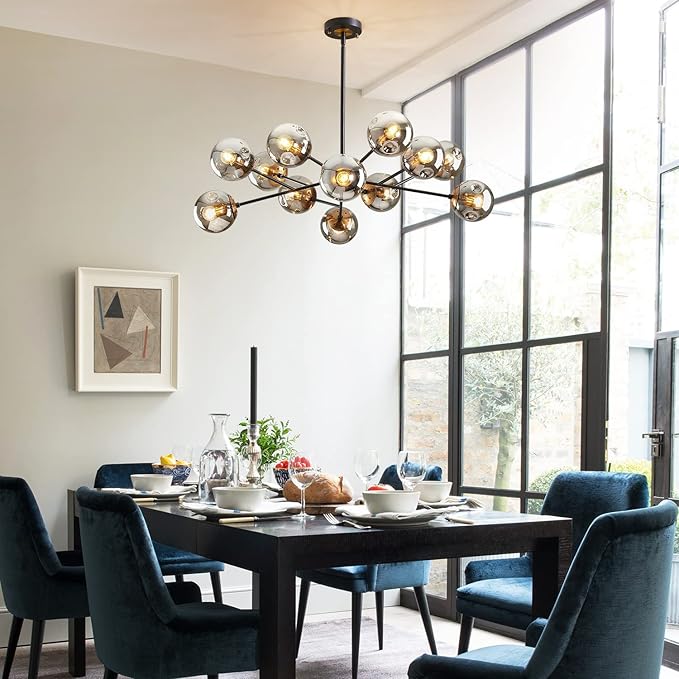 DDLLDESHI Modern Black Chandelier Sputnik Ceiling Light Fixture with 12 Globe Glass Shade Chandeliers for Dining Room Farmhouse Kitchen Living Room Bedroom Office（34" Large Chandelier）
