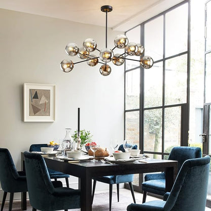 DDLLDESHI Modern Black Chandelier Sputnik Ceiling Light Fixture with 12 Globe Glass Shade Chandeliers for Dining Room Farmhouse Kitchen Living Room Bedroom Office（34" Large Chandelier）