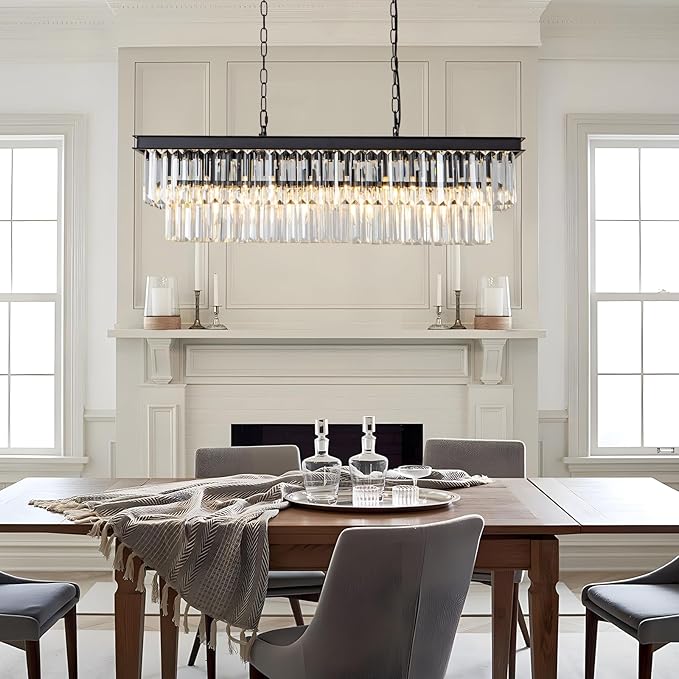 Black Crystal Chandelier for Dining Room Light Fixture Rectangle Modern Farmhouse Chandelier Contemporary Pendant for Kitchen Island Living Room Long Chandelier Rectangular Lighting