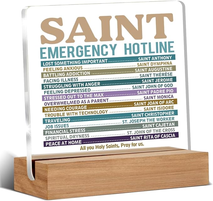 Catholic Gifts for Women Men, Christian Religious Gifts for Women Men Chaplain Coworker Friend Bestie Sister, Saint Emergency Hotline Sign, Saint Prayer Gift Acrylic Plaque Home Office Desk Decor