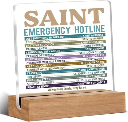 Catholic Gifts for Women Men, Christian Religious Gifts for Women Men Chaplain Coworker Friend Bestie Sister, Saint Emergency Hotline Sign, Saint Prayer Gift Acrylic Plaque Home Office Desk Decor