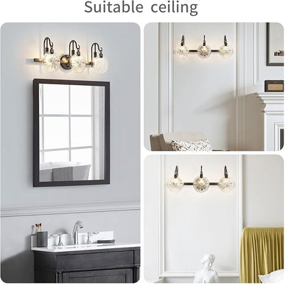 WUZUPS 3-Light Bathroom Light Fixture Over Mirror Morden Vanity Wall Sconces Clear Glass Shade for Bedroom Living Room, E12 Base, Black