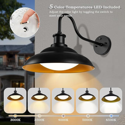 Dusk to Dawn LED Outdoor Barn Lights, 16 Inch Large Farmhouse Exterior Wall Light Fixtures with Adjustable Color Temperature, Modern Black Gold Porch Lights Outside for House Garage Doorway