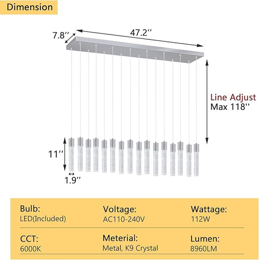 16-Lights Modern Crystal Rectangular Chandeliers LED Pendant Light for Kitchen Island High Ceiling Chandelier for Dining Room Entrance Foyer Living Room Silver