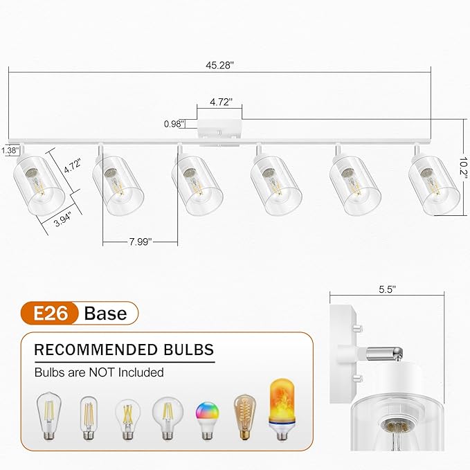 BoostArea White LED 6 Light Track Lighting Kit, 6 Way Ceiling Spot Lighting with Glass Lampshade, Flexibly Rotatable Light Head for Kitchen, Living Room, Bedroom, Bulb Not Included