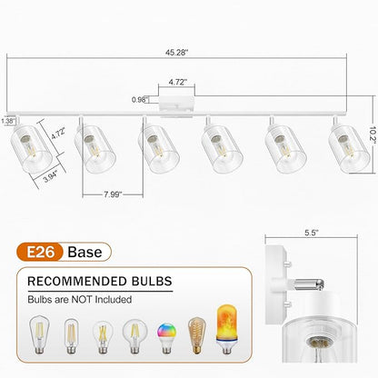 BoostArea White LED 6 Light Track Lighting Kit, 6 Way Ceiling Spot Lighting with Glass Lampshade, Flexibly Rotatable Light Head for Kitchen, Living Room, Bedroom, Bulb Not Included