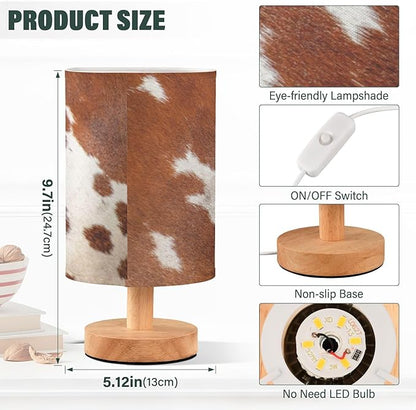 Bedside Table Lamp White Brown Cow Print Nightstand Lamp with Wood Animal Skin Desk Lamps for Bedroom Living Room Nursery Office Home Decor