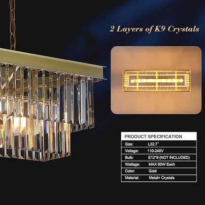 A AXILIXI Rectangular Crystal Chandelier Gold for Dining Room Modern Chandelier Rectangle Linear Pendant Light Fixtures for Kitchen Island L33” K9 Luxury Long Chandelier for Living Room