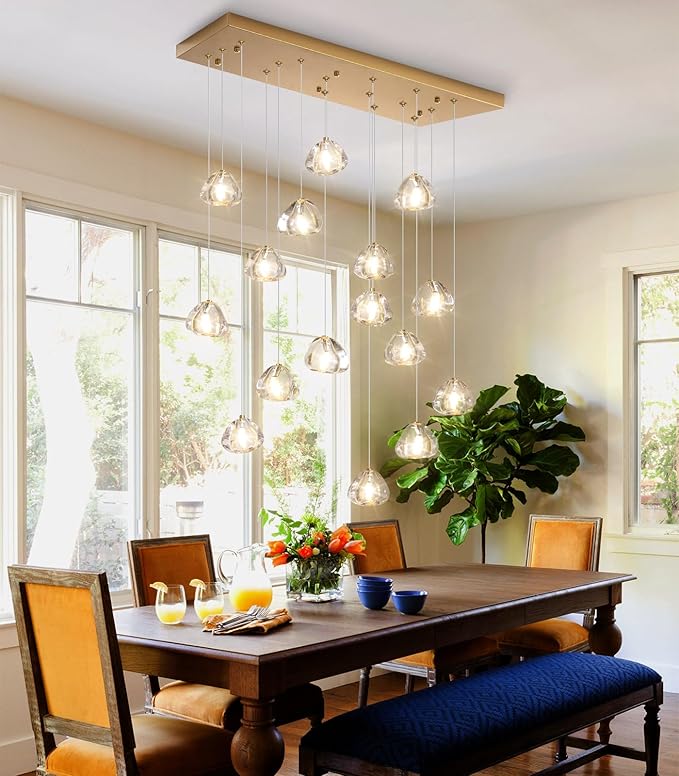 HAIXIANG W27.6 x D11.8 x H118 Rectangular Glam Chandelier Bubble Crystal Ceiling Pendant Lights Dimmable High Ceiling Chandeliers Fixtures Adjustable Long Lights Antique Gold