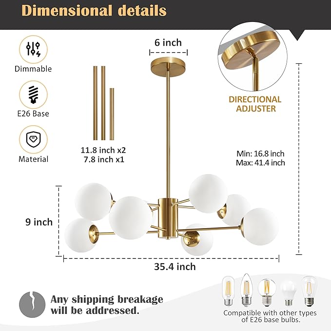 Bagood 8-Light Globe Sputnik Chandelier Gold Mid Century Modern Light Fixture Brushed Brass Finished with White Frosted Globe Glass Lampshade Sputnik Chandeliers for Dining Room Kitchen Island Bedroom
