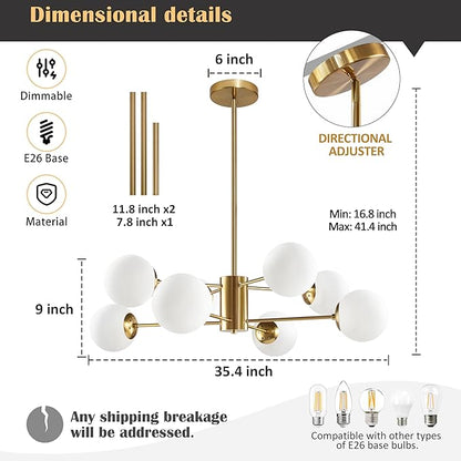 Bagood 8-Light Globe Sputnik Chandelier Gold Mid Century Modern Light Fixture Brushed Brass Finished with White Frosted Globe Glass Lampshade Sputnik Chandeliers for Dining Room Kitchen Island Bedroom