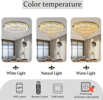 Flashing God 48inches Gold Crystal Chanderliers for Living Room Entryway Modern Crystal Folwer Ceiling Light for Foyer Interior LED Dimmable Lighting 2700k 4500k 6000k