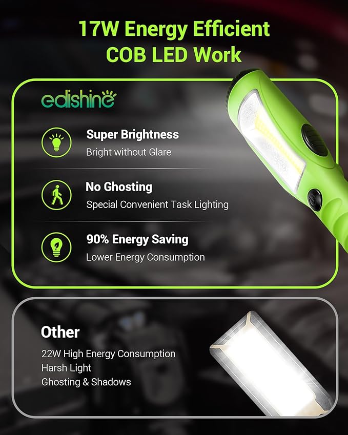 EDISHINE 2000LM LED Work Light, 15ft Underhood Work Light, Dimmable COB LED Trouble Light with Cord 16 Gauge SJTW, Strong Magnet, Swivel Hook for Mechanic, Garage, Workshop, Car Repair, ETL Listed