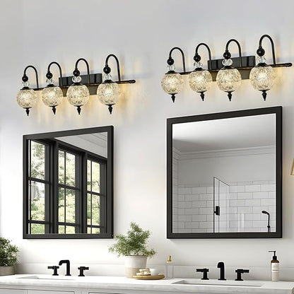 Piepooye Vintage Bathroom Light Fixtures Black Vanity Light with Glass Globe LampShade 4 Lights Mid Century G9 Bulb Wall Sconce Indoor Vanity Light Over Mirror for Kitchen Bedroom Farmhouse