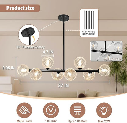 Linear Chandeliers for Dining Room, 8-Light Clear Swirled Glass Globe 37" Mid Century Modern Sputnik Chandeliers Bubble Chandelier Black Dining Room Chandelier Pendant Lights Kitchen Island