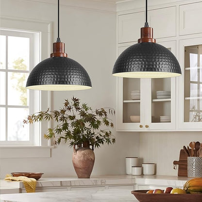 11.8" Wood Pendant Lights Kitchen Island, Hammered Dome Pendant Lighting, Black Pendant Light Fixture Hanging Ceiling Light