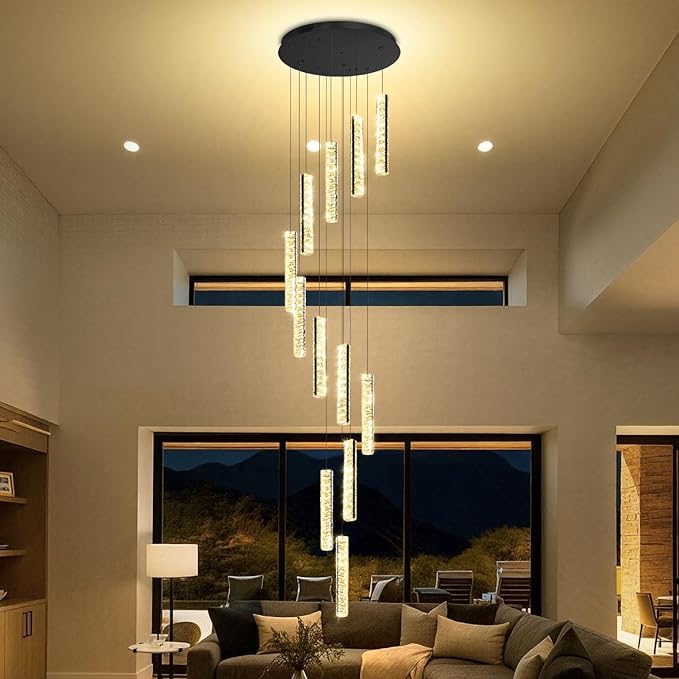 Long Spiral Crystal Chandelier Lighting for Foyer 12-Light Black Staircase Chandelier High Ceiling Slopped LED Dimmable 2700K-6000K