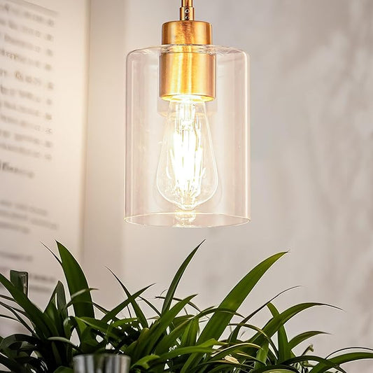 MAYNA 1-Pack Brushed Brass Drop Light, Modern Mid Century Cylinder Pendant with Bulb, Adjustable Rods Gold Finish Ceiling Lamp for Bedroom, Living Room Corner