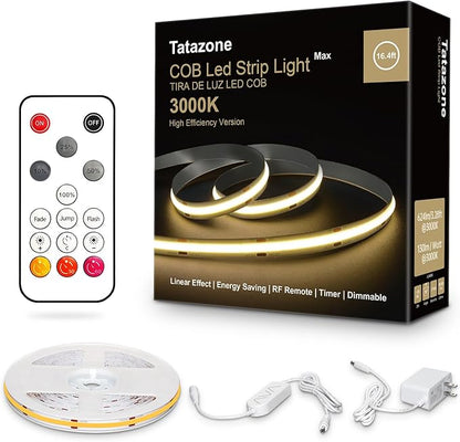 Tatazone White COB Led Strip Lights Max with RF Remote, 16.4ft 3000K CRI93+ Dimmable Ultra Bright Warm White COB Light Strip, Adhesive Indoor COB Led Lights for Living Room, Shelf, Cabinet