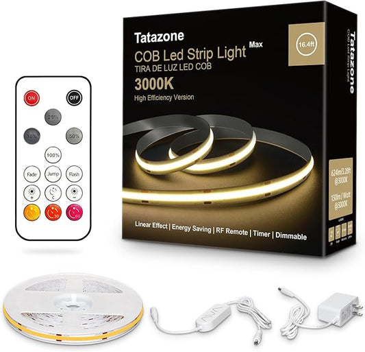 Tatazone White COB Led Strip Lights Max with RF Remote, 16.4ft 3000K CRI93+ Dimmable Ultra Bright Warm White COB Light Strip, Adhesive Indoor COB Led Lights for Living Room, Shelf, Cabinet