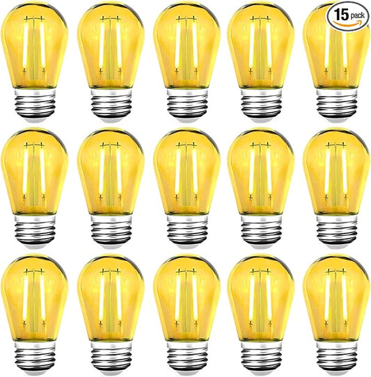 15 Pack S14 LED Yellow Light Bulbs, Shatterproof 2 Watt, Waterproof Decorative E26 Base Yellow Filament Edison Christmas Light Bulbs, 120V