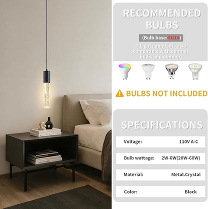 Black Pendant Lights Kitchen Island, Crystal Bubble Pendant Lights, Adjustable Modern Pendant Light Fixtures for Dining Living Room Bedroom 3 Pack