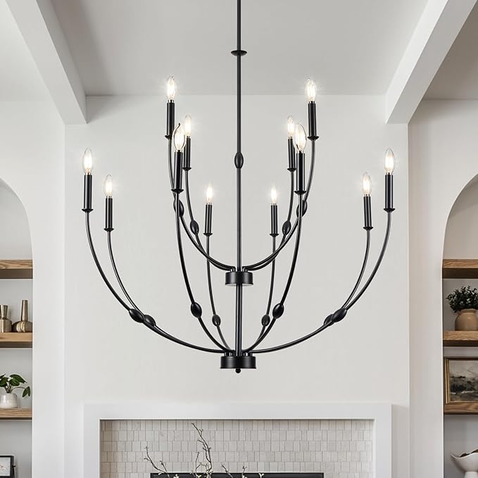 Large 35 Inch 2-Tier Modern Black Chandelier, 12-Light Farmhouse Candle Pendant Light for High Ceiling Foyer Entryway Living Room