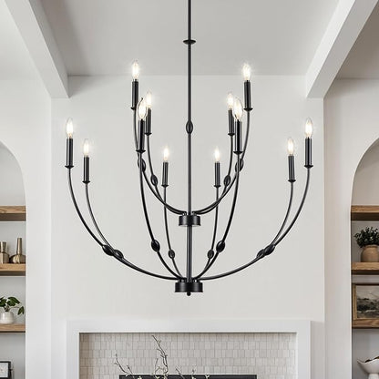 Large 35 Inch 2-Tier Modern Black Chandelier, 12-Light Farmhouse Candle Pendant Light for High Ceiling Foyer Entryway Living Room