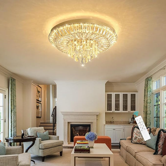 Crystal Chandelier 40W Modern Round Ceiling Light Fixture LED Raindrop Chandeliers Dimmable with Remote for Dining Room Living Room Entryway Hallway Bedroom Gold