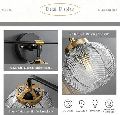 Black Bathroom Light Fixtures 3-Lights Vintage Vanity Wall Sconce Over Mirror with Ribbed Smoky Gray Globe Shade Mid Century Modern Lights Fixture Art Deco Farmhouse Vanity Lighting