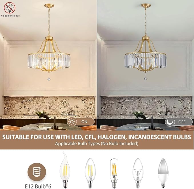 6-Light Crystal Gold Chandeliers for Dining Room 22 Inch Modern Farmhouse Chandelier Large Pendant Lighting Fixture Round Hanging Lamp for Living Room Kitchen Island Hallway Bedroom Foyer Hall