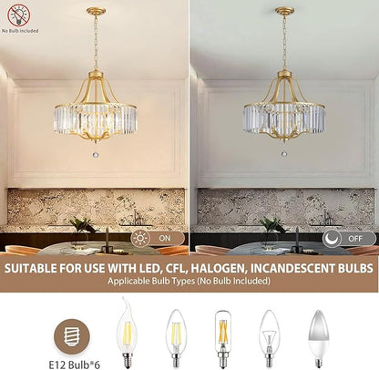 6-Light Crystal Gold Chandeliers for Dining Room 22 Inch Modern Farmhouse Chandelier Large Pendant Lighting Fixture Round Hanging Lamp for Living Room Kitchen Island Hallway Bedroom Foyer Hall