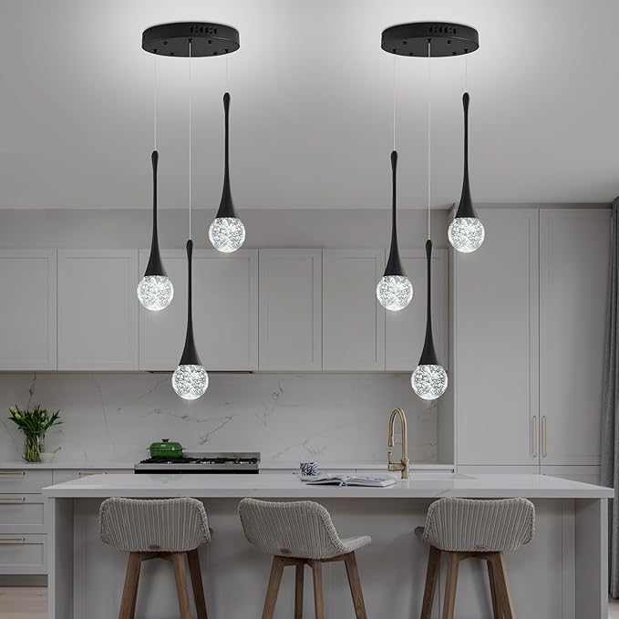 Modern Crystal Kitchen Island Chandelier 3-Lights Black, LED Dimmable Raindrop Indoor Lighting Fixture for Dining Room Foyer Entryway Remote Control