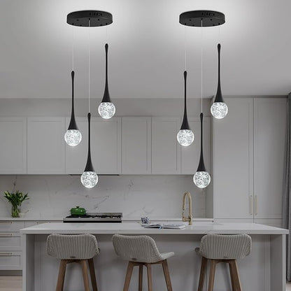 Modern Crystal Kitchen Island Chandelier 3-Lights Black, LED Dimmable Raindrop Indoor Lighting Fixture for Dining Room Foyer Entryway Remote Control