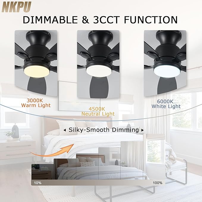 NKPU 52inch Black Ceiling Fans with Lights, Low Profile Ceiling Fan with Light and Remote/APP Control, Reversible DC Motor, Noiseless, Dimmable, Flush Mount Ceiling Fan for Bedroom Living Room Patios