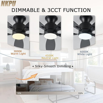 NKPU 52inch Black Ceiling Fans with Lights, Low Profile Ceiling Fan with Light and Remote/APP Control, Reversible DC Motor, Noiseless, Dimmable, Flush Mount Ceiling Fan for Bedroom Living Room Patios