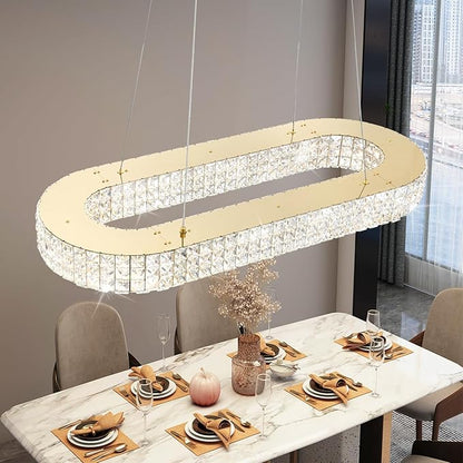 ykolupty Modern Crystal Chandelier, Dia 40" Rectangular Chandelier for Dining Room,Gold Rectangle Crystal Ceiling Light Luxury Oval Chandeliers for Living Room Kitchen Island