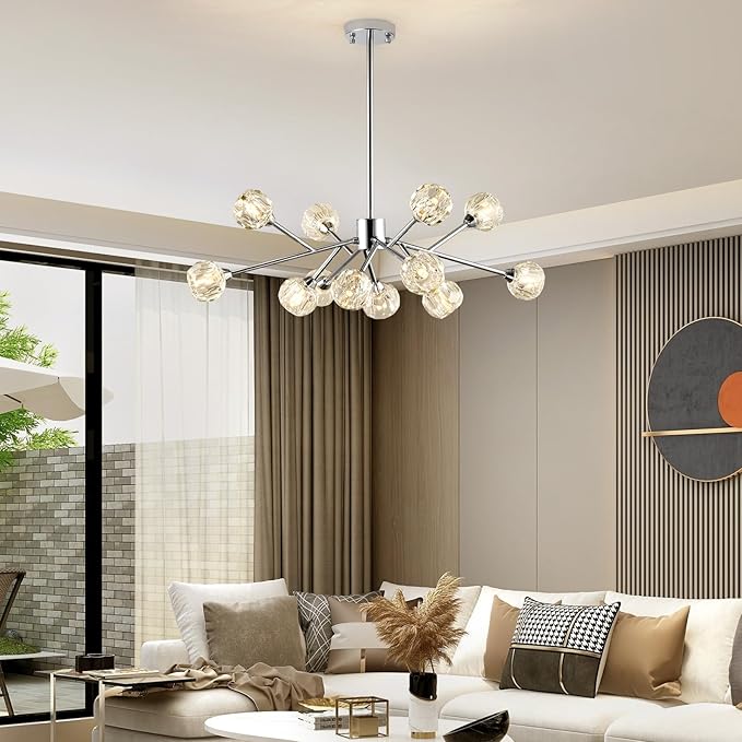 Weesalife Sputnik Chandeliers for Dining Room Light Fixture Over Table, Modern Crystal Chandeliers, 12 Lights Chrome Lighting Fixtures for Living Room Bedroom Kitchen Island Bar
