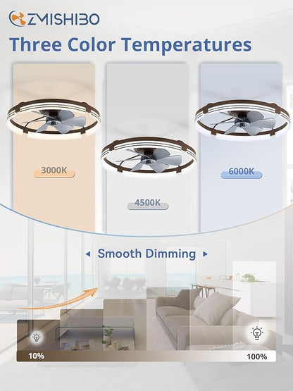 ZMISHIBO 24 Inch Low Profile Ceiling Fans with Lights and Remote, 3000K-6000K Dimmable Fandelier LED Fan Light, Flush Mount Ceiling Fan with Light, 6 Wind Speeds Ceiling Fans for Bedroom- Brown