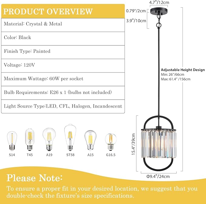 Black Crystal Pendant Light for Dining Room, 9.4" Mini Luxury Crystal Chandelier Lights Fixture, Small Modern Elegant Adjustable Chandelier for Bedroom Kitchen Island