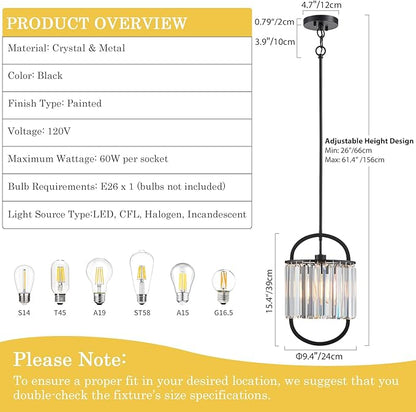 Black Crystal Pendant Light for Dining Room, 9.4" Mini Luxury Crystal Chandelier Lights Fixture, Small Modern Elegant Adjustable Chandelier for Bedroom Kitchen Island